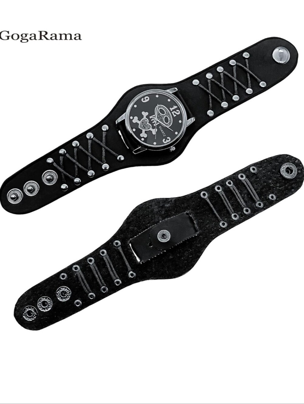FUN Unisex Goth Black Skull Heart Cuff Watch - Picture 2 of 8